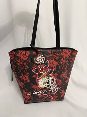 Ed Hardy Black and Red Rose Skull Tote
